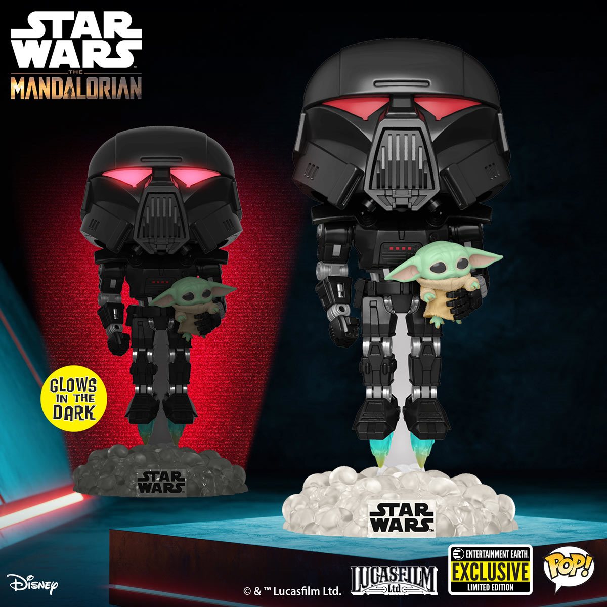 Star Wars: The Mandalorian Dark Trooper with Grogu Glow-in-the-Dark Pop! Vinyl Figure #488 - Entertainment Earth Excl.