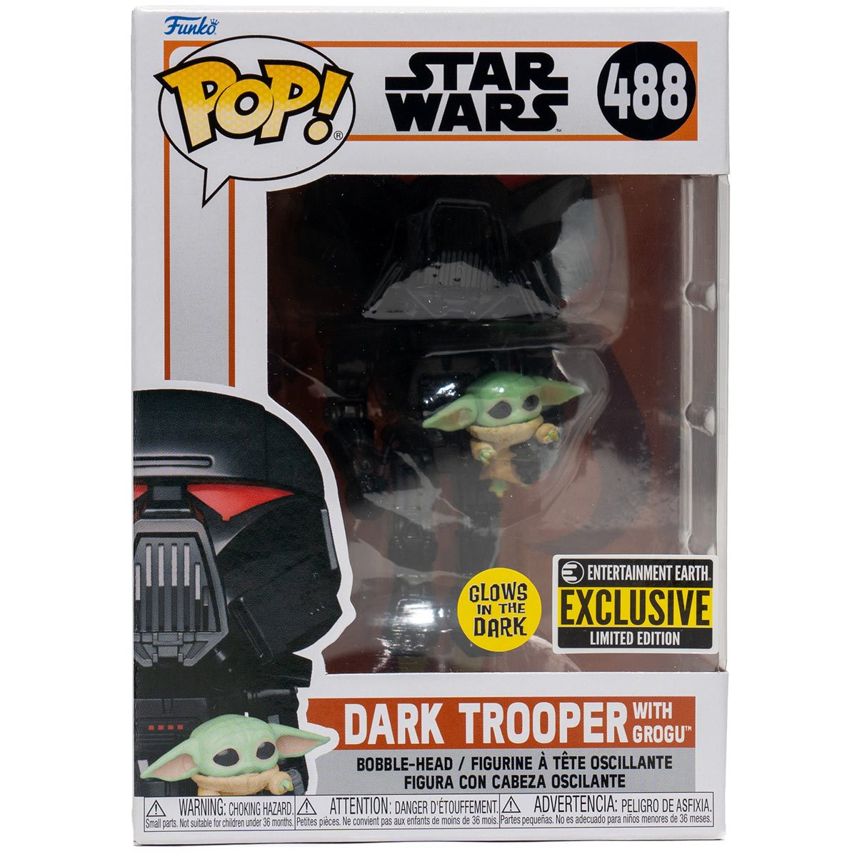 Star Wars: The Mandalorian Dark Trooper with Grogu Glow-in-the-Dark Pop! Vinyl Figure #488 - Entertainment Earth Excl.