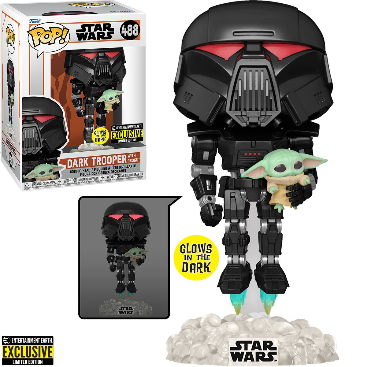 Star Wars: The Mandalorian Dark Trooper with Grogu Glow-in-the-Dark Pop! Vinyl Figure #488 - Entertainment Earth Excl.